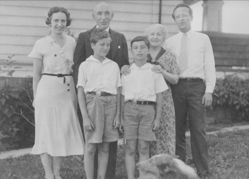 Rosalind “Buddie” Greenbaum Rybeck (left) and Sam “Ry” Rybeck with Ry’s parents Herman and Fannie, sons (l-r) Art, Walt, and Lindy, their collie at the Bettie Zane Place farmhouse where they lived.
